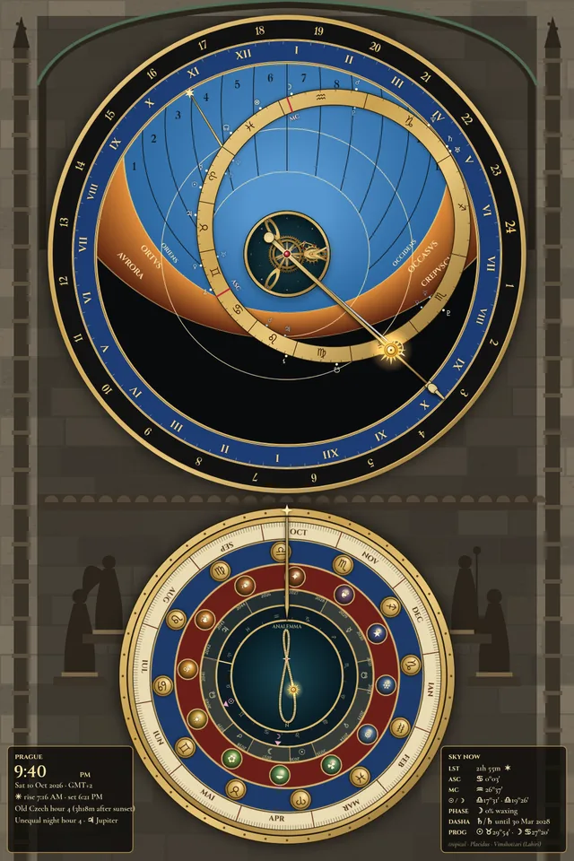 Orloj movement: astrolabe dial with sky bands above a calendar plate